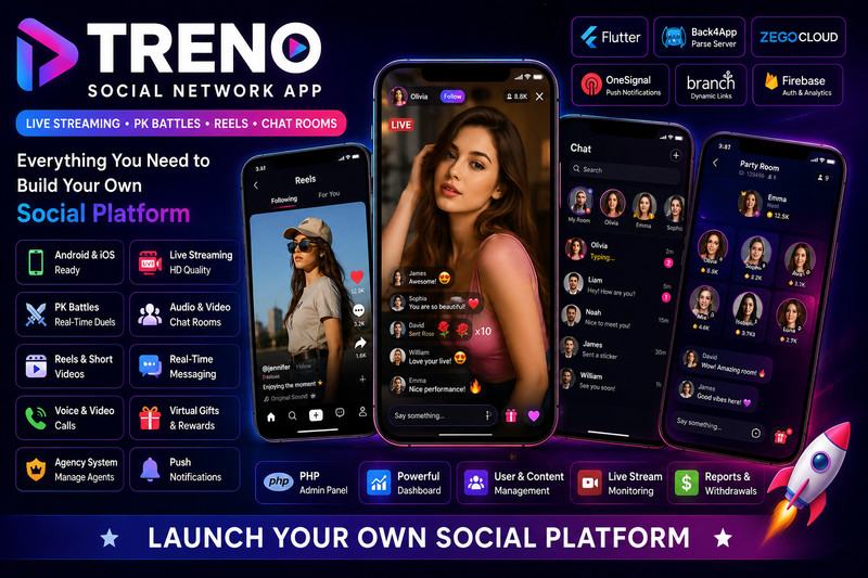 Treno Social Network & Live Streaming Flutter App | Reels, Video Chat, Audio RMS