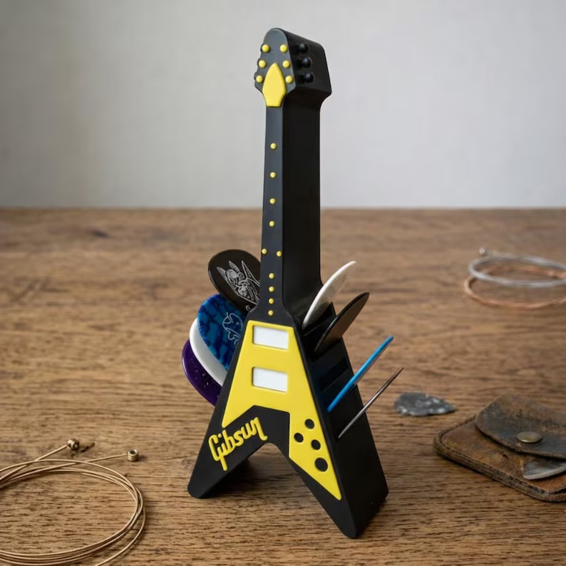 Flying V Guitar Pick Holder | Matte Grey Music Desk Organizer gallery