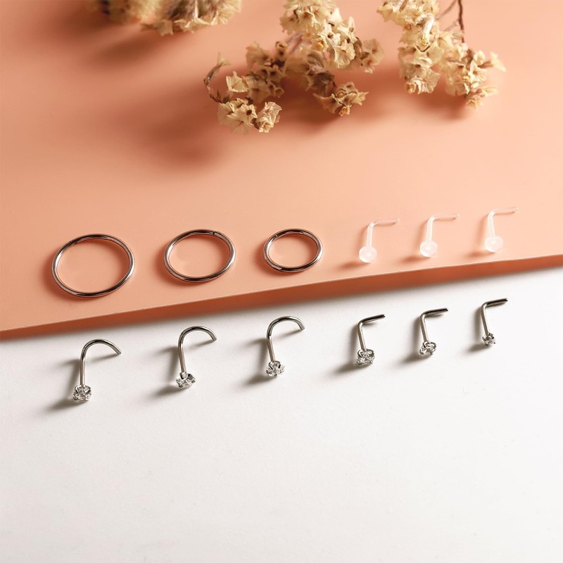 12PCS Hypoallergenic 14K Gold Plated 18G Nose Rings Studs Set for Women Men:3... gallery