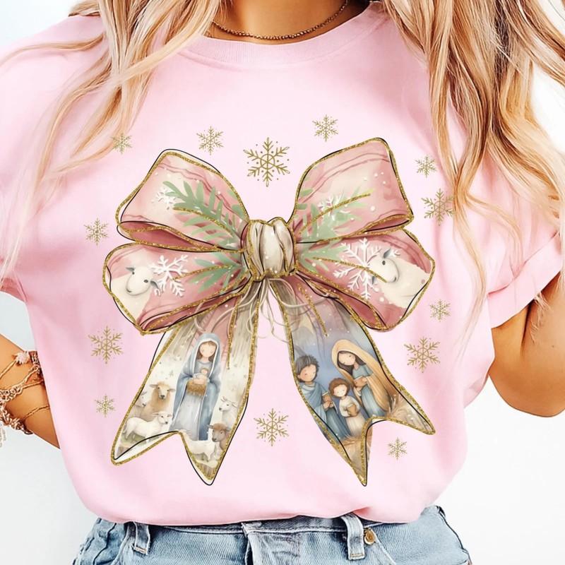 Jesus Christmas Coquette Bow PNG: Nativity Scene, Pink Glitter (Digital Download gallery