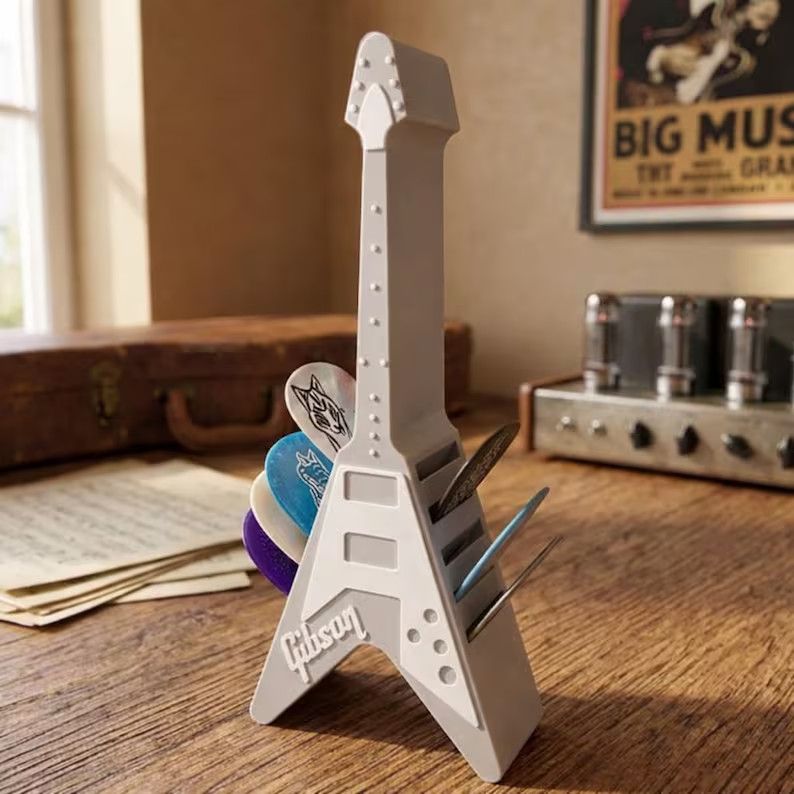 Flying V Guitar Pick Holder | Matte Grey Music Desk Organizer gallery