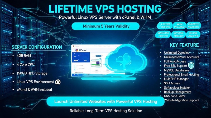 Lifetime VPS Hosting cPanel | 4GB RAM 4 Core CPU 150GB HDD | Unlimited Domains