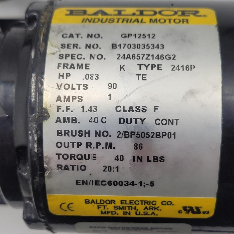 BALDOR GP12512 .083 HP motor K frame with 50B16SS sprocket gallery