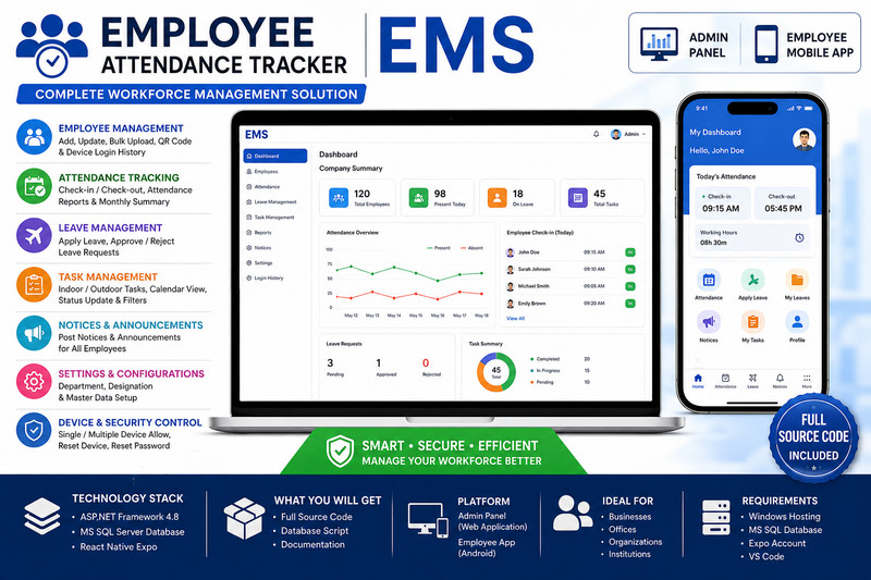 Employee Attendance Tracker EMS | Employee Android + iOS App | React Native