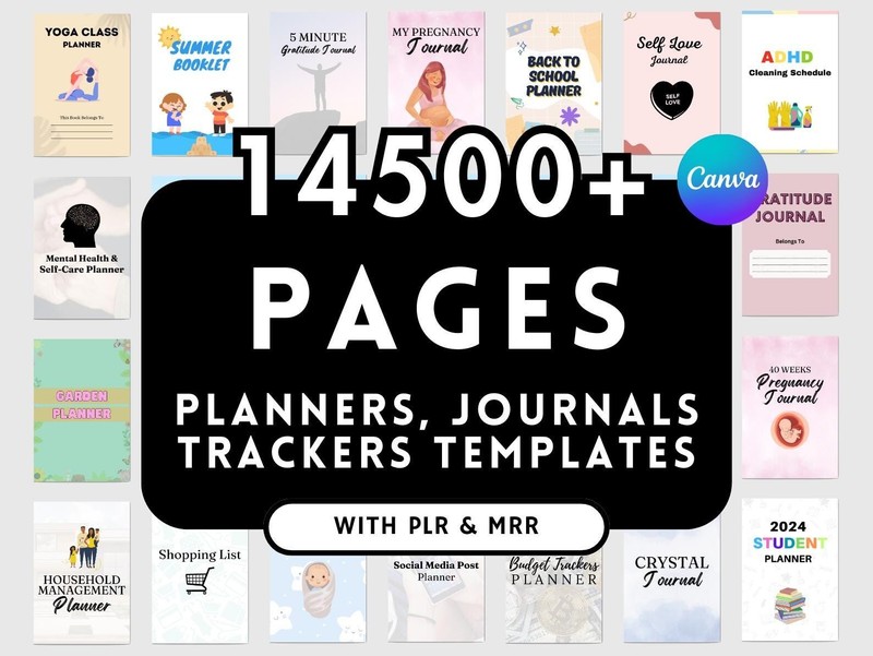 14500+ Pages PLR Canva Template Bundle, Planners, Journals,Trackers, Printable