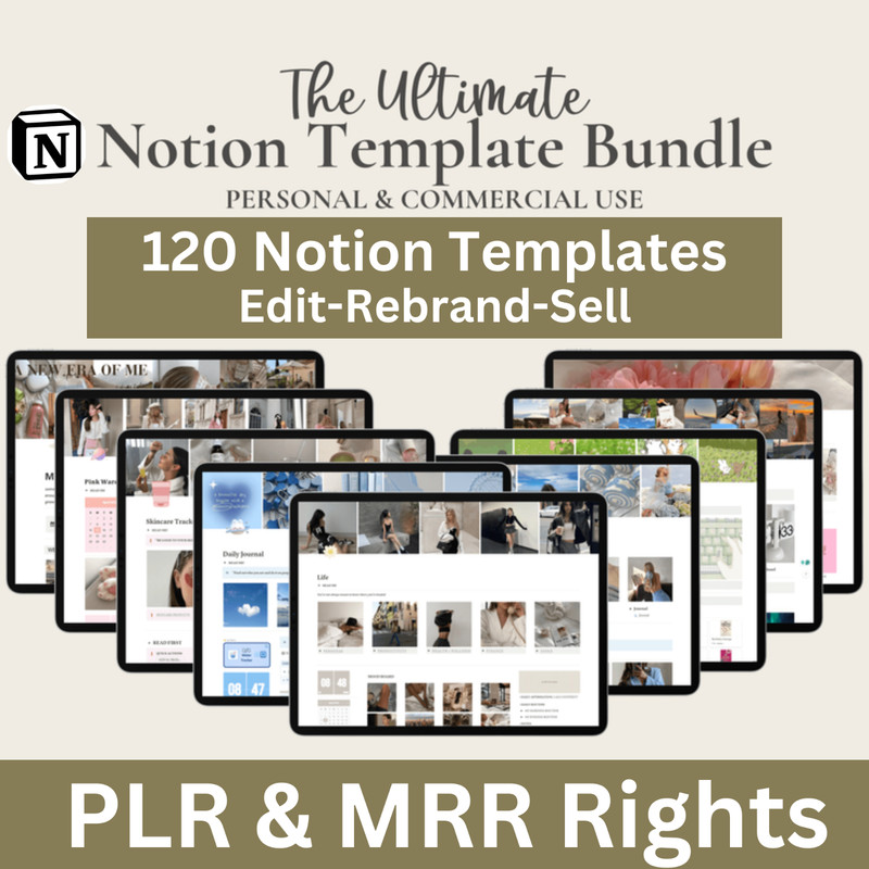120 Notion Templates Bundle | PLR & MRR Rights | Editable Digital Planners