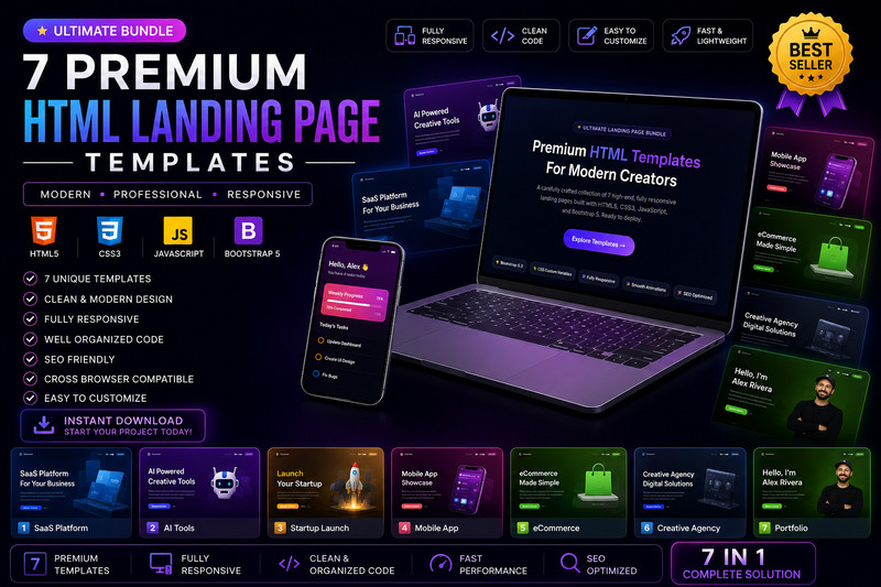 7 Premium HTML Landing Page Templates Bundle | Bootstrap 5 | Responsive | CSS JS