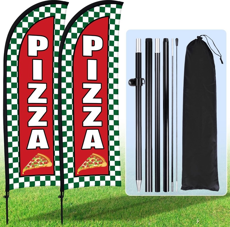 2 Sets Pizza Feather Flag Banner for Business Advertising 7 x 5.4 ft Pizza Ad…