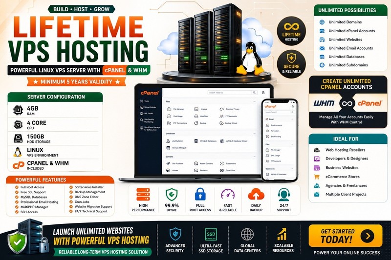 Powerful Lifetime VPS Server | cPanel, 4GB RAM, 4 CPU, Unlimited Domains