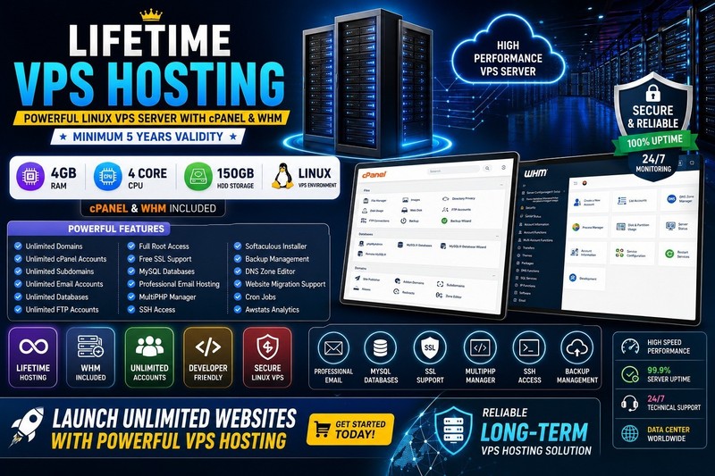 Lifetime VPS Hosting with cPanel | 4GB RAM, 4 Core CPU, 150GB HDD