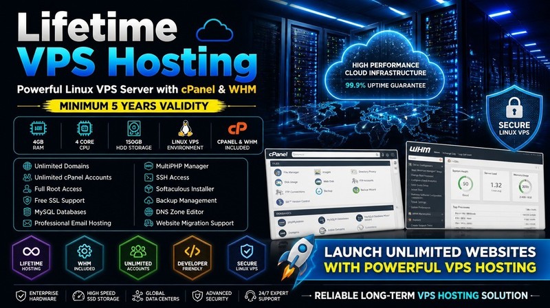 VPS Hosting Lifetime Plan | cPanel, 4GB RAM, 4 Core, 150GB Storage