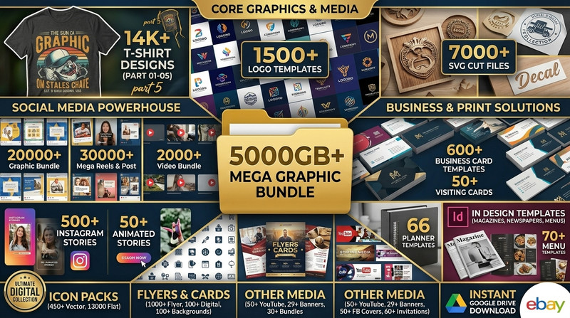 ULTIMATE 5000GB+ DIGITAL GRAPHIC BUNDLE | 14K T-SHIRT DESIGNS | 1500 LOGOS | SVG