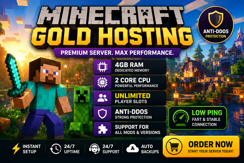 Minecraft Server Hosting 4GB RAM Anti DDoS Instant Setup 24/7
