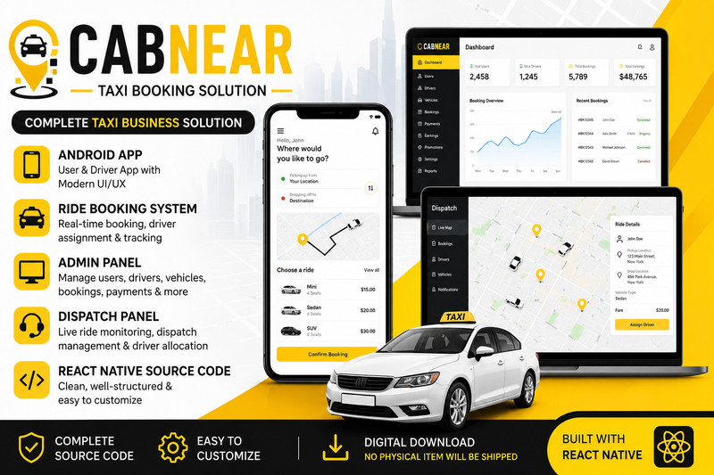 CabNear Taxi Booking App | Android & iOS | React Native Admin + Dispatch Panel