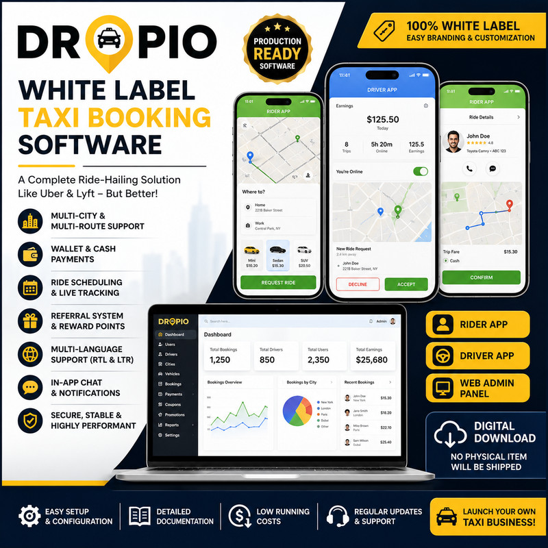 Dropio White Label Taxi Booking App | Android Ride-Hailing Software, Admin Panel