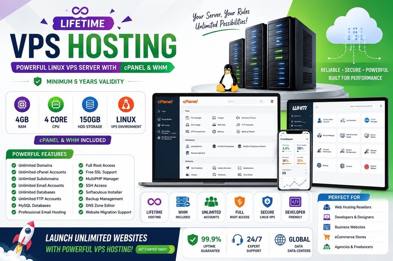 Lifetime cPanel VPS Hosting | 4GB RAM, 4 Core CPU, 150GB HDD Server