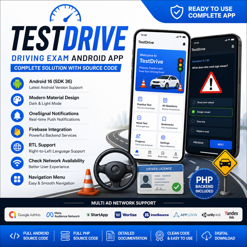TestDrive – Driving Exam Android App | PHP Admin Panel | Firebase | Customizable
