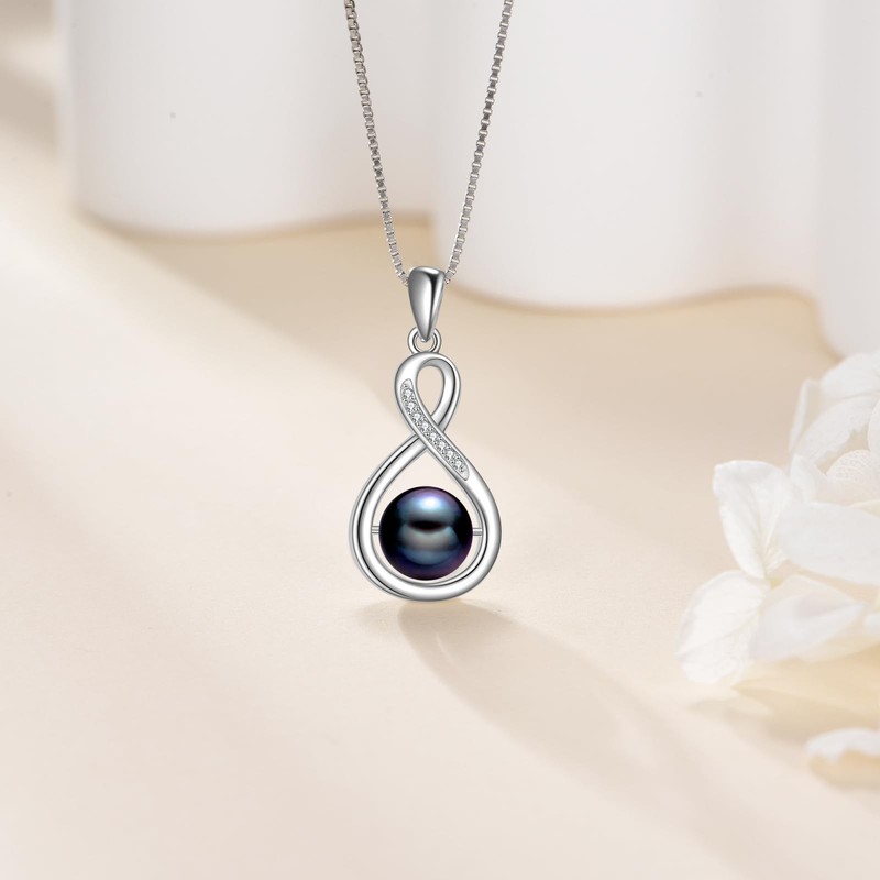 s925 8-10mm Freshwater Cultured Black Pearl Necklace, 18k White Gold Plated S... gallery