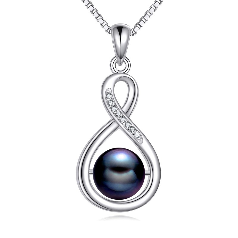 s925 8-10mm Freshwater Cultured Black Pearl Necklace, 18k White Gold Plated S...