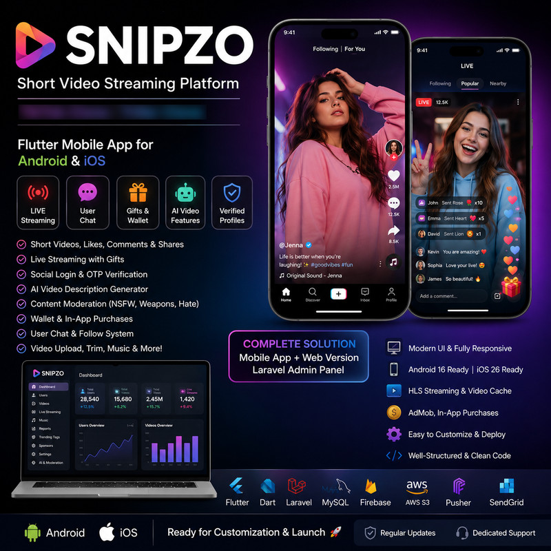 Snipzo – Flutter Short Video App | Android + iOS | Live Stream | Laravel Admin