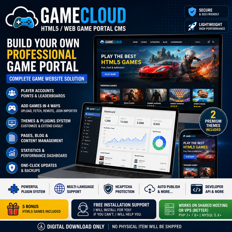 GameCloud – HTML5 Web Game Portal CMS | PHP Gaming Website Project + Support