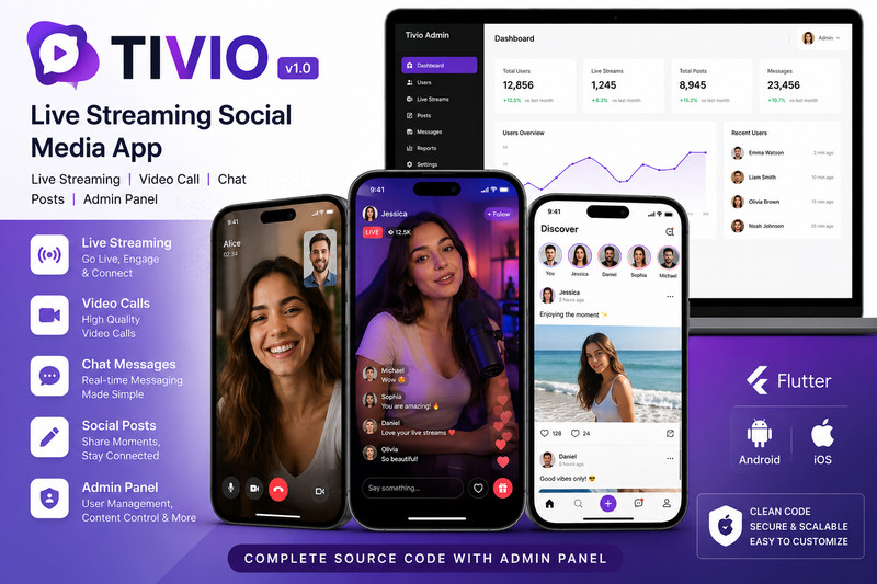 Tivio Flutter Social Media App | Live Streaming Video Call Chat | Android + iOS