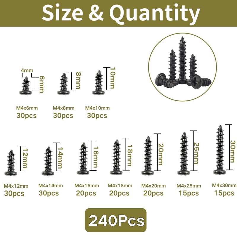 M4 Black Wood Screws,240Pcs Phillips Pan Head Self Tapping Screw,M4x6/8/10/12... gallery