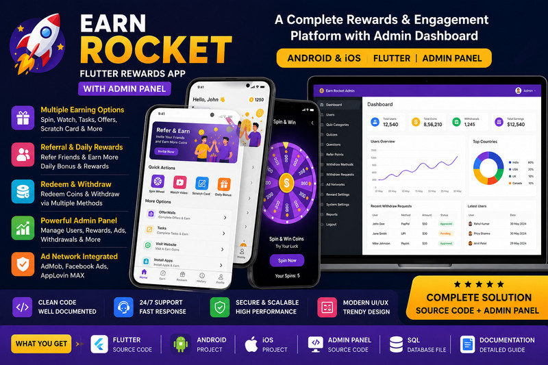Earn Rocket – Flutter Rewards App + Admin Panel | Android & iOS Rewards Platform