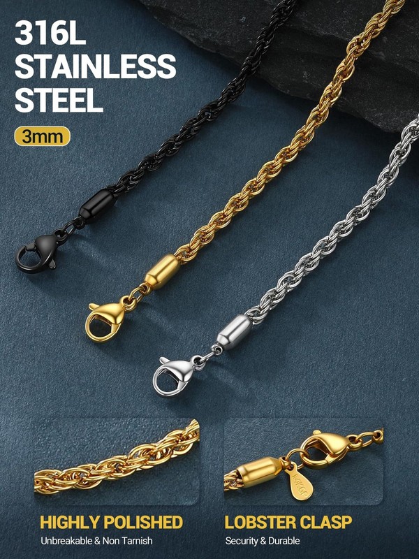 PROSTEEL 3mm/6mm Rope Chain Necklace for Men, Black/Gold Plated Mens Chain Ne... gallery