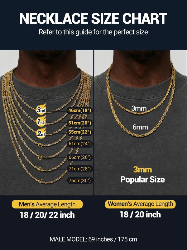 PROSTEEL 3mm/6mm Rope Chain Necklace for Men, Black/Gold Plated Mens Chain Ne... gallery