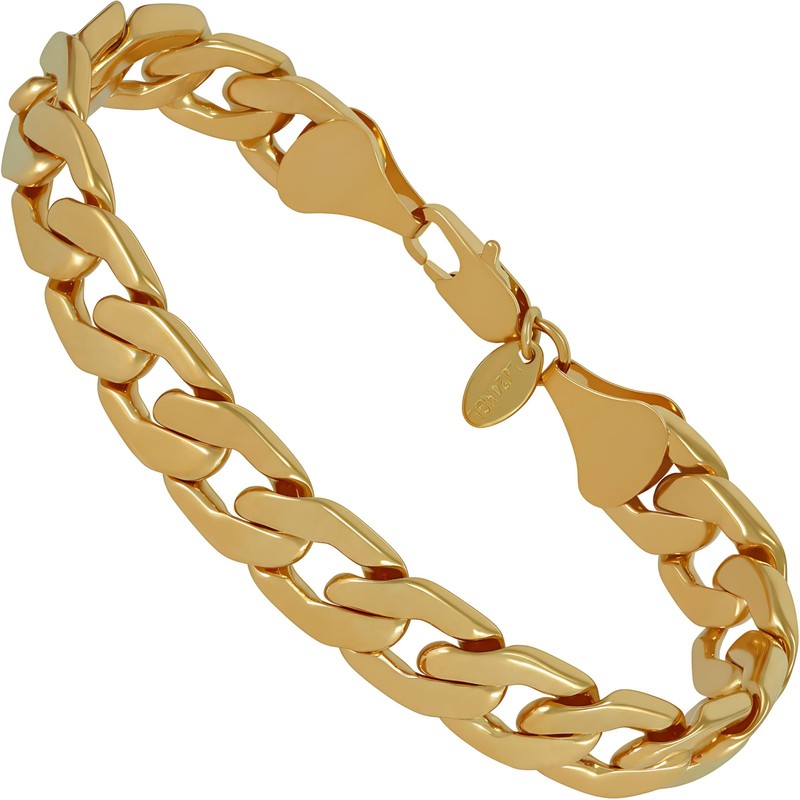 LIFETIME JEWELRY 11.5mm Flat Cuban Link Chain Bracelet for Men & Women 24k Go…