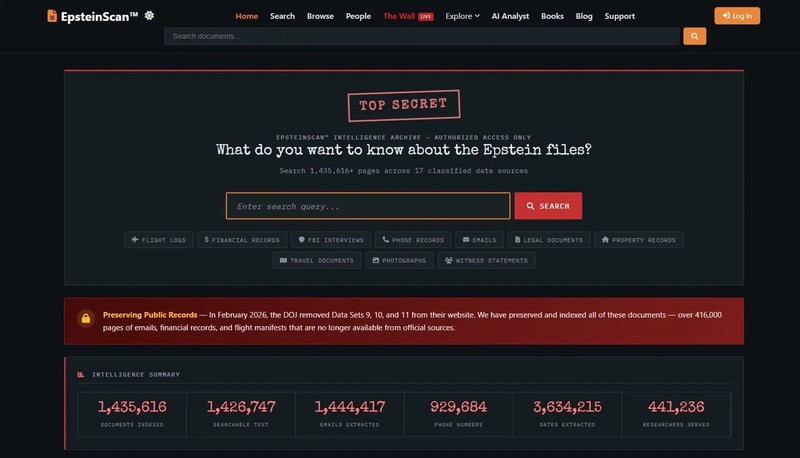 For Sale: EpsteinScan.org – 1.4M Document Search Engine Website | 441K+ Visitors