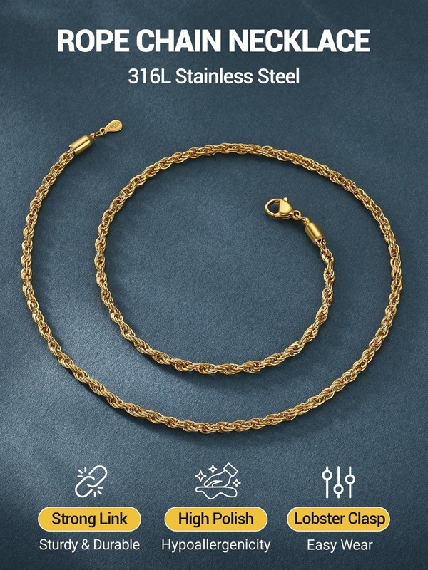 PROSTEEL 3mm/6mm Rope Chain Necklace for Men, Black/Gold Plated Mens Chain Ne... gallery