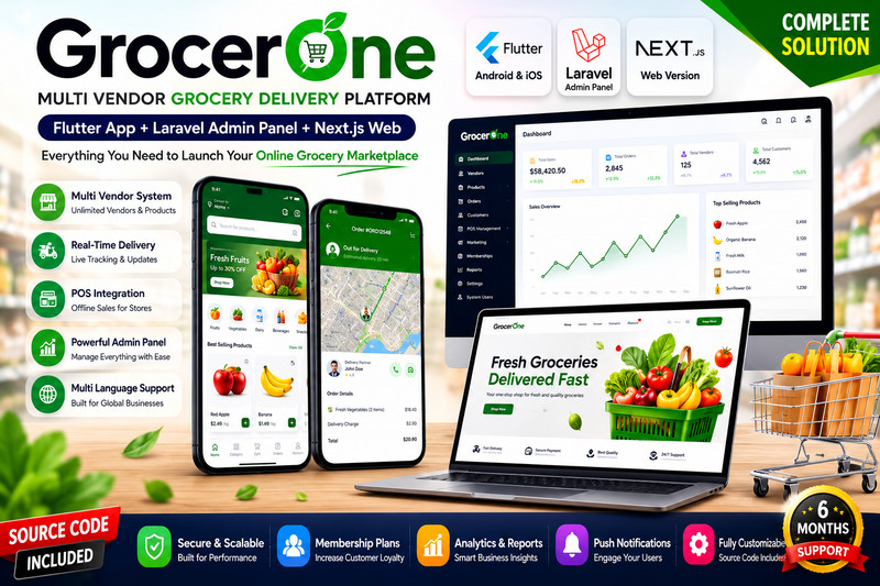 GrocerOne Multi-Vendor Grocery Delivery Flutter App | Android, iOS, PHP Website