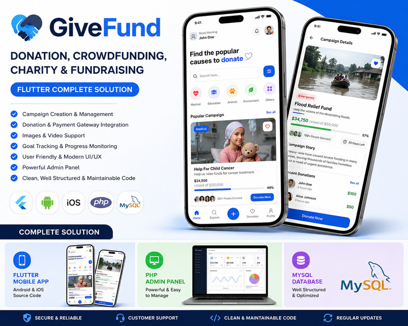 GiveFund Flutter Fundraising App | Donation, Crowdfunding Platform + Admin Panel