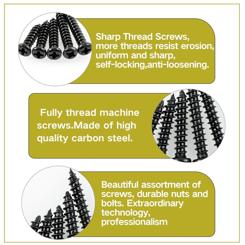 M4 Black Wood Screws,240Pcs Phillips Pan Head Self Tapping Screw,M4x6/8/10/12... gallery