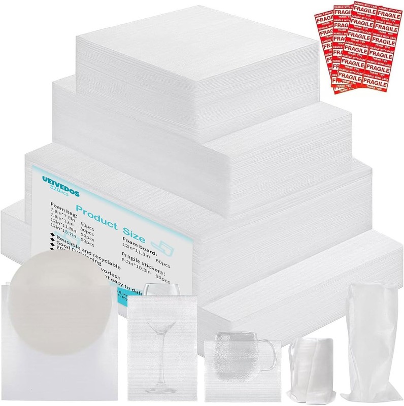 320pc Dish Packing Supplies Moving Kit Foam Pouches Sheets Fragile Stickers Set