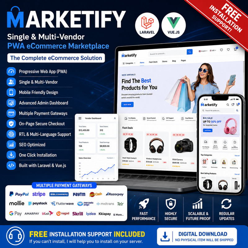 Marketify eCommerce CMS | Single & Multi-Vendor PWA Marketplace | Laravel Vue