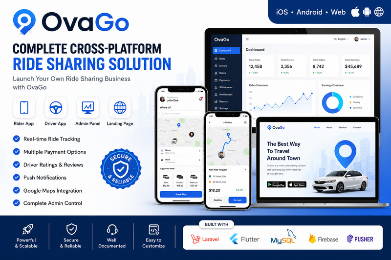 OvaGo – Flutter Complete Ride Sharing Solution App | Android + iOS | Laravel
