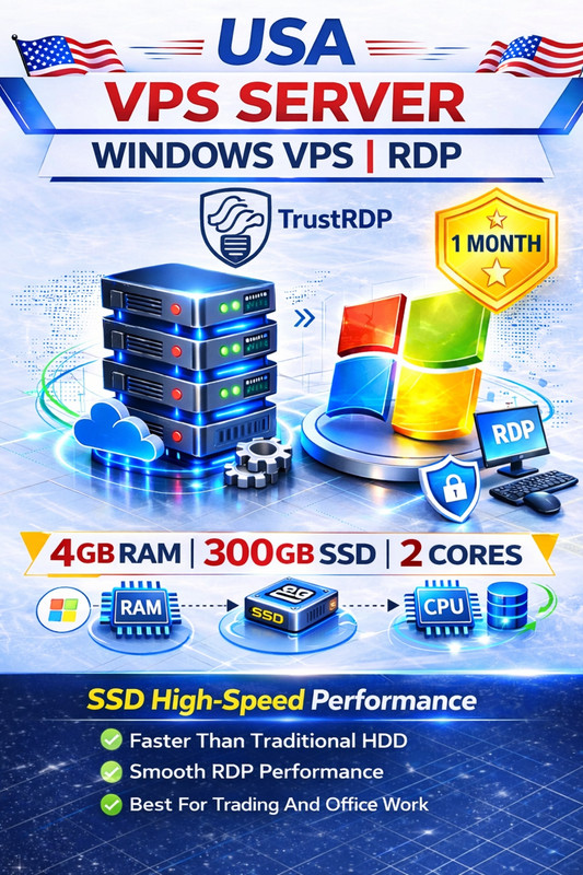 USA Windows VPS RDP Server 4GB RAM 300GB SSD High Speed Remote Desktop