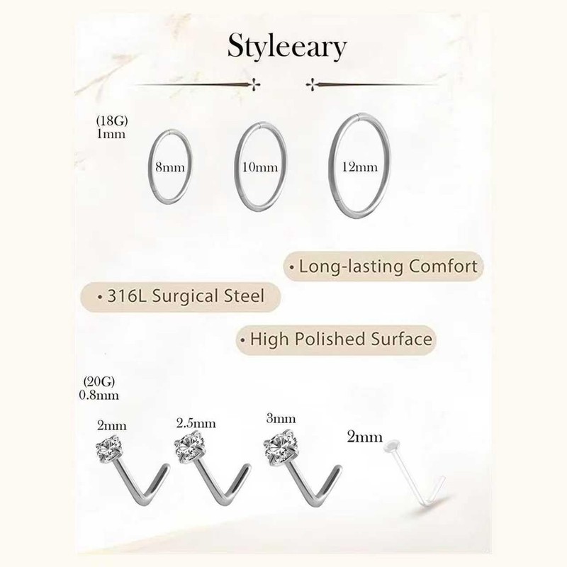 12PCS Hypoallergenic 14K Gold Plated 18G Nose Rings Studs Set for Women Men:3... gallery