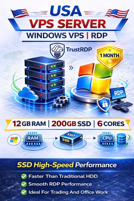 USA Windows VPS RDP Server 12GB RAM 200GB SSD Fast Remote Desktop Hosting