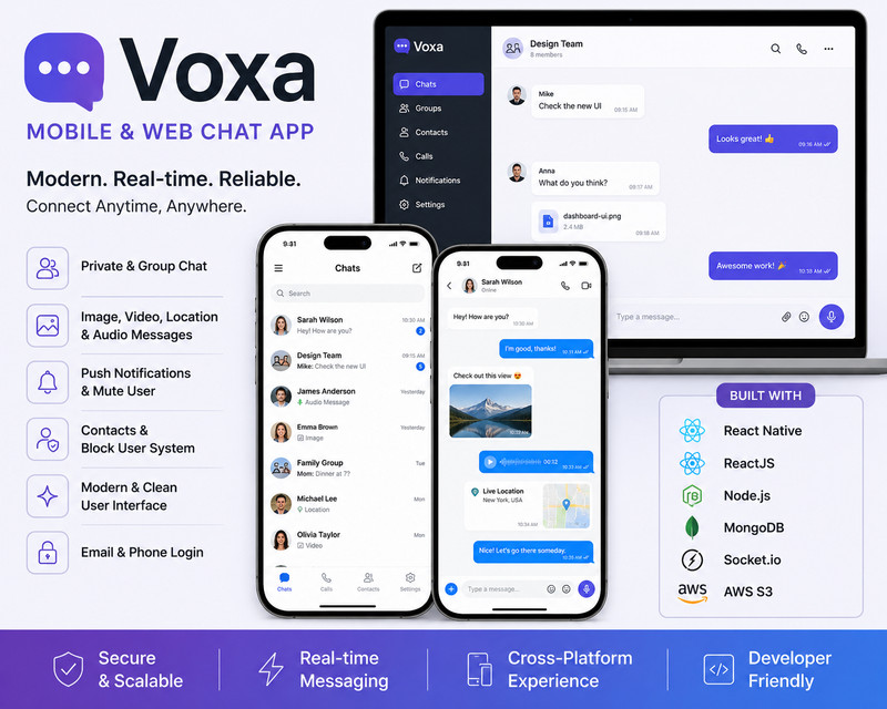 Voxa - Mobile & Web Chat App | React Native Messaging Platform | Admin Panel