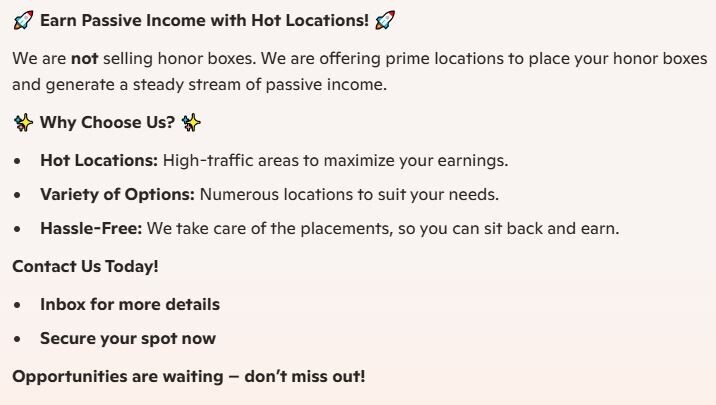 Honor Box Vending Route, New Hot locations to sell Candies, Make Passive Income gallery