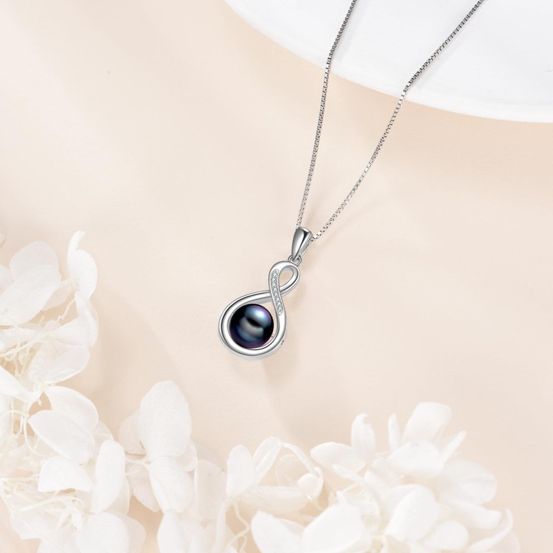 s925 8-10mm Freshwater Cultured Black Pearl Necklace, 18k White Gold Plated S... gallery