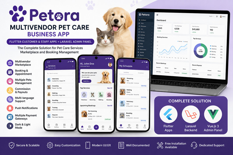 Petora – Flutter Multivendor Pet Care App | Android & iOS | Laravel Admin Panel