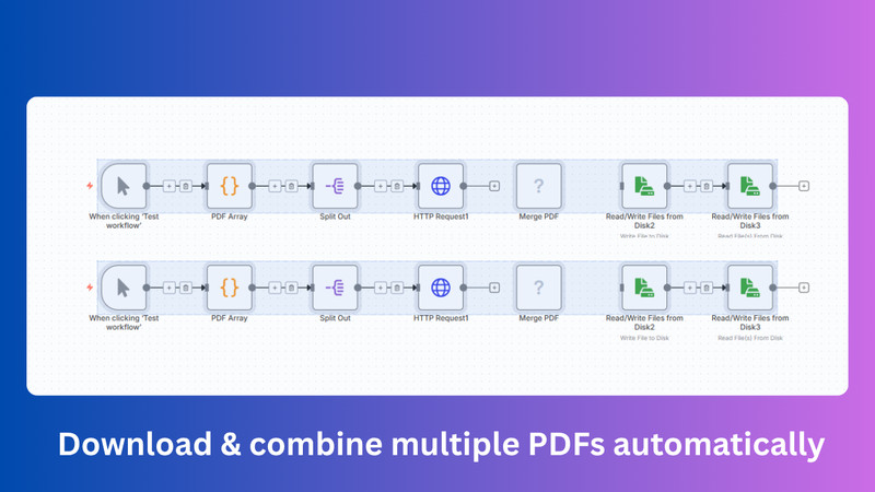 Merge PDFs from URLs AI Automation Workflows for n8n | JSON Templates gallery