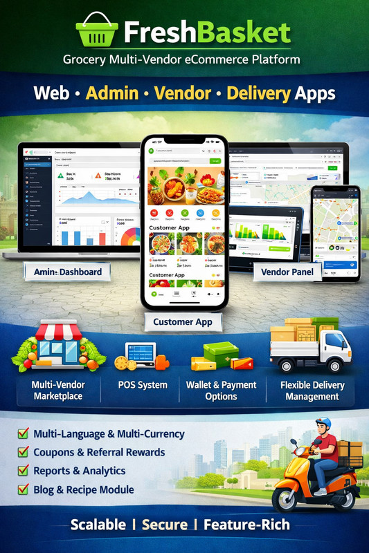 FreshBasket – Grocery Multi-Vendor Flutter eCommerce Platform | Web + Apps + iOS