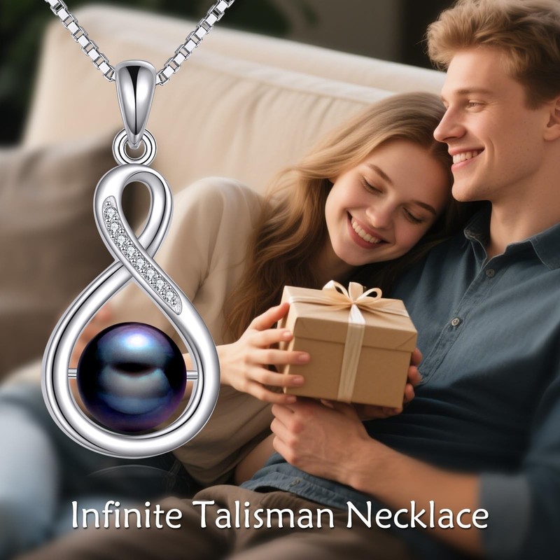 s925 8-10mm Freshwater Cultured Black Pearl Necklace, 18k White Gold Plated S... gallery