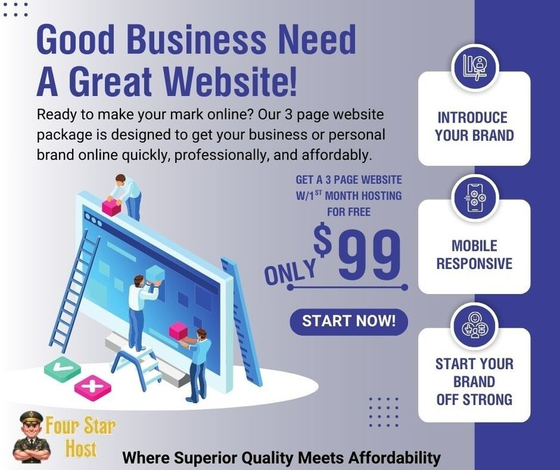 3 Pg Website, FREE Hosting – Start a business – ALL under $100!!!